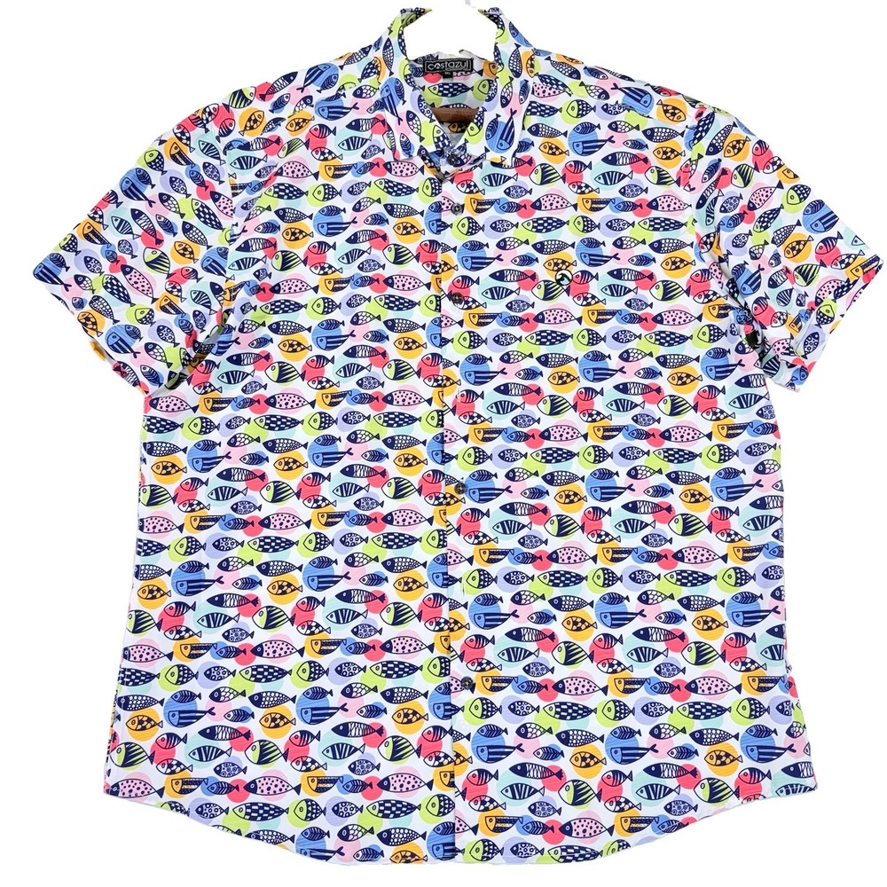 Costazul Silk-Flow Shirt Mens 1XL Colorful Fish Fishing Button Down Coastal